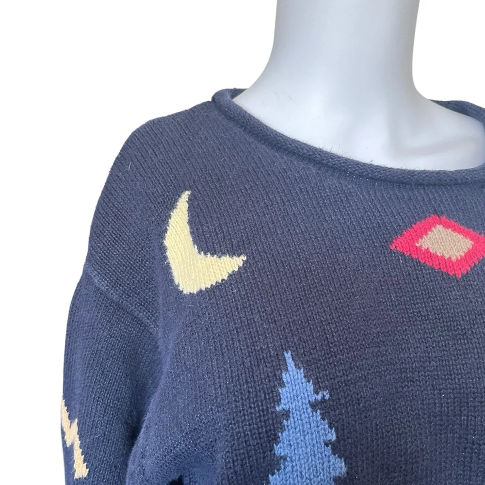 Vintage Y2K Knit Sweater Navy Blue Moose Moon Outdoor Womens Size Large L - Picture 5 of 10